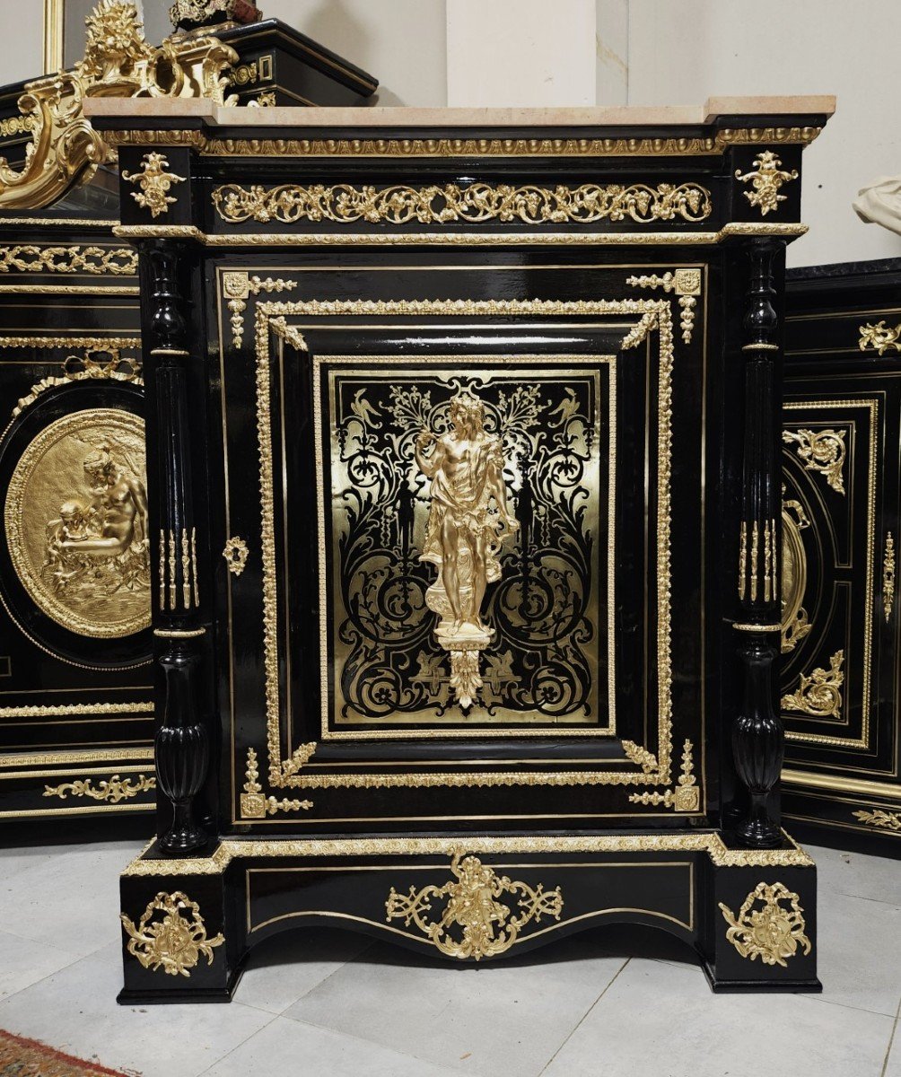 Meuble d'Appui à Une Porte En Marqueterie Boulle Signé Diehl époque Napoléon III Napoleon 3-photo-4