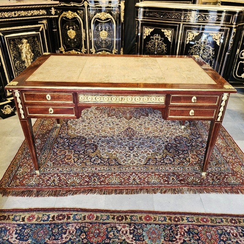 Bureau Plat A Tirettes ép. Napoléon III Napoleon 3 Style Louis XVI Marqueterie Boulle De Filets-photo-3