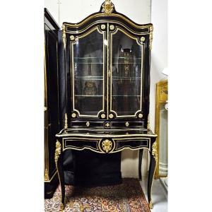 Bonheur Du Jour En Marqueterie Boulle époque Napoléon III- Bureau Gradin - Deux Corps - Vitrine