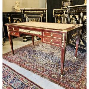 Flat Desk With Pull Tabs, Napoleon III Period, Napoleon 3 Louis XVI Style, Boulle De Filets Marquetry