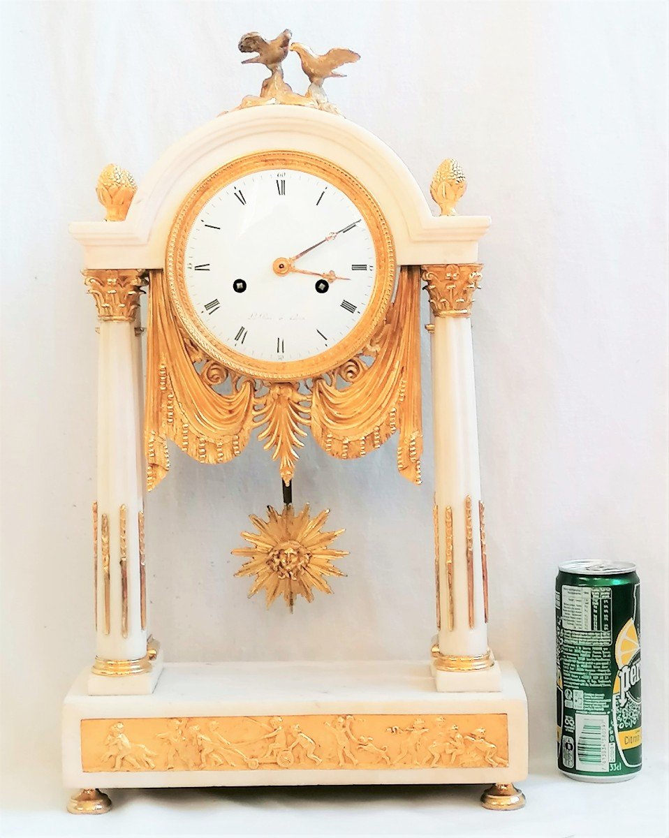 Louis XVI Period Marble & Gilt Bronze Portico Clock Signed Le Roi à Paris