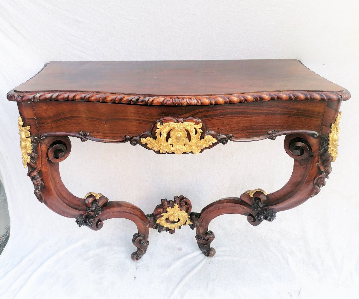 Console 2 Legs In Rosewood & Gilt Bronze Louis XV Period