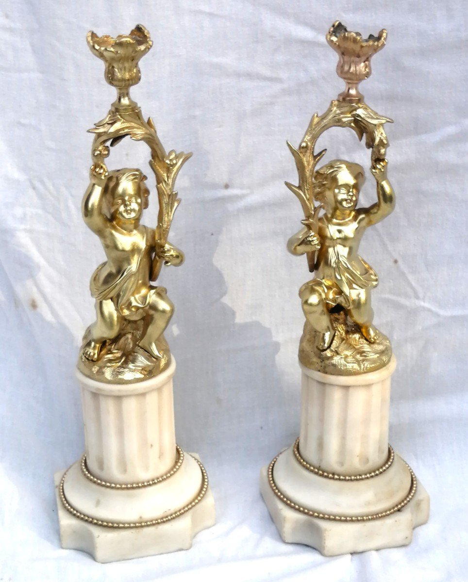 Paire De Bougeoirs Chandeliers Putti  Louis XVI En Bronze Doré Napoleon Napoléon III-photo-1