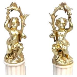 Pair Of Putti Louis XVI Candlesticks In Gilt Bronze Napoleon Napoleon III