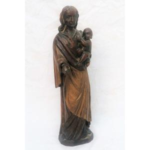 Vierge à l'Enfant En Bois Sculpté XVIII ème 40 Cm