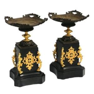 Paire De Cassolettes Aux 2 Bronzes & Marbre Napoléon Napoleon III