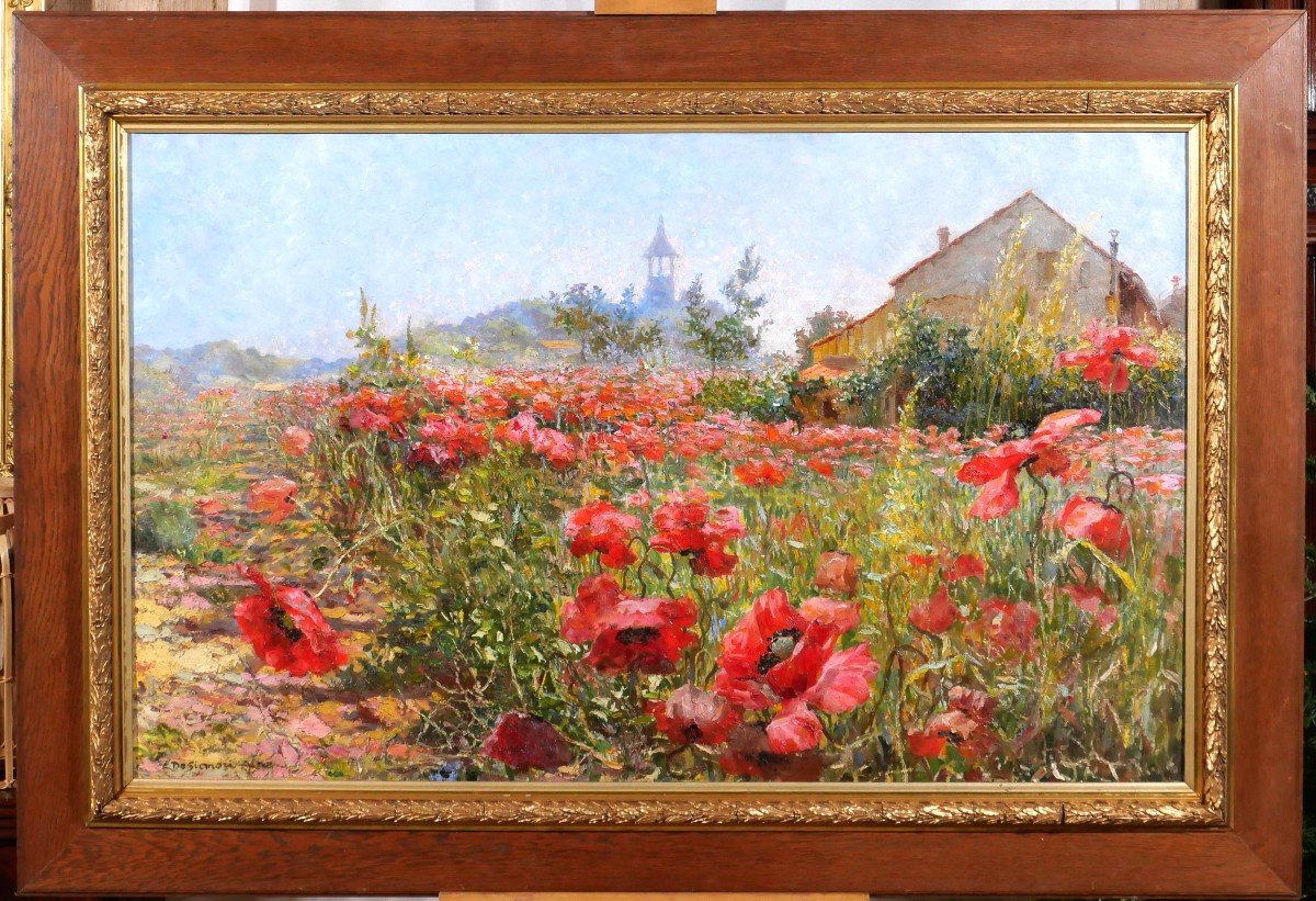 Francis de Signori 19-20e Champs de pavots en fleurs, paysage, grand tableau, vers 1920-photo-3