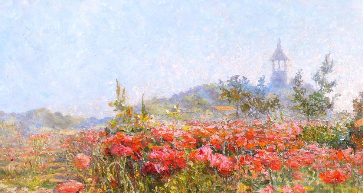 Francis de Signori 19-20e Champs de pavots en fleurs, paysage, grand tableau, vers 1920-photo-2