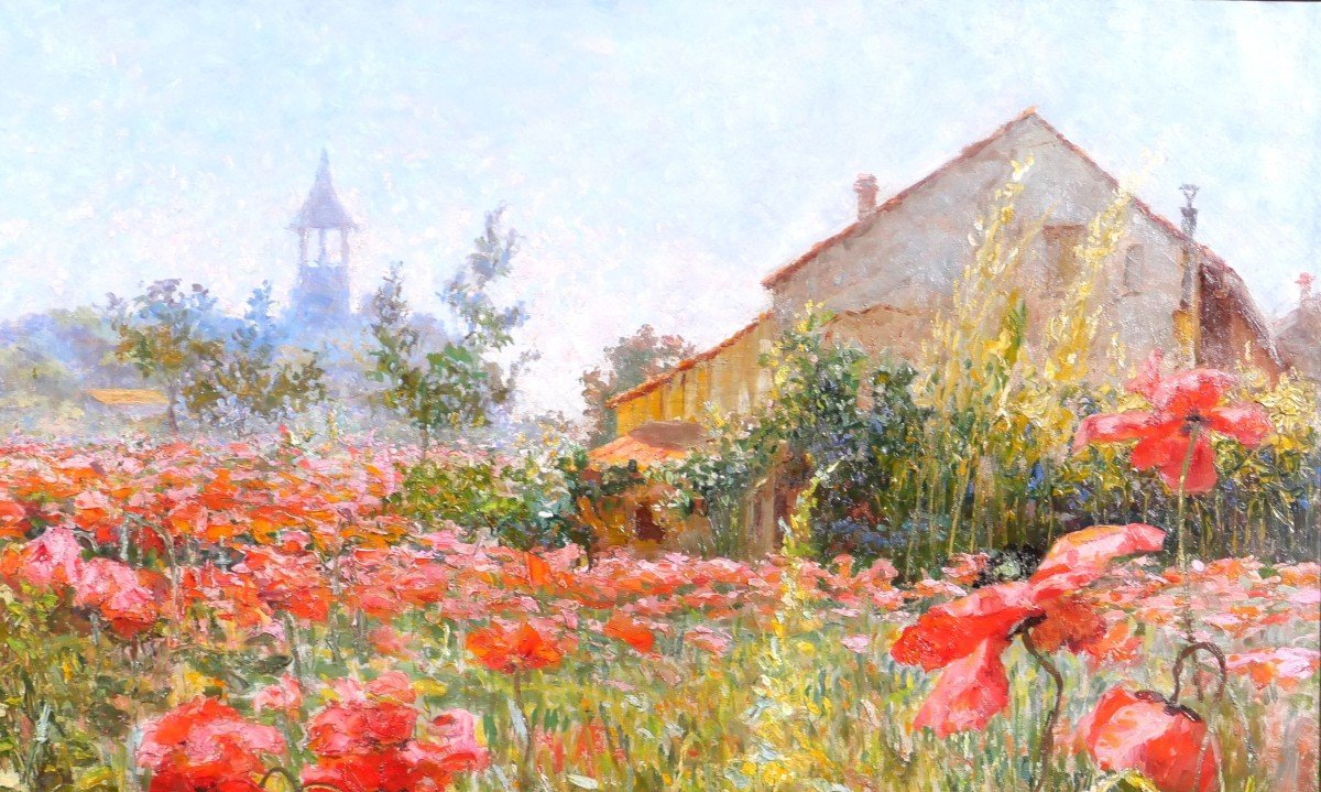 Francis de Signori 19-20e Champs de pavots en fleurs, paysage, grand tableau, vers 1920-photo-4