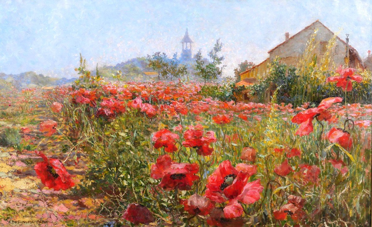 Francis de Signori 19-20e Champs de pavots en fleurs, paysage, grand tableau, vers 1920