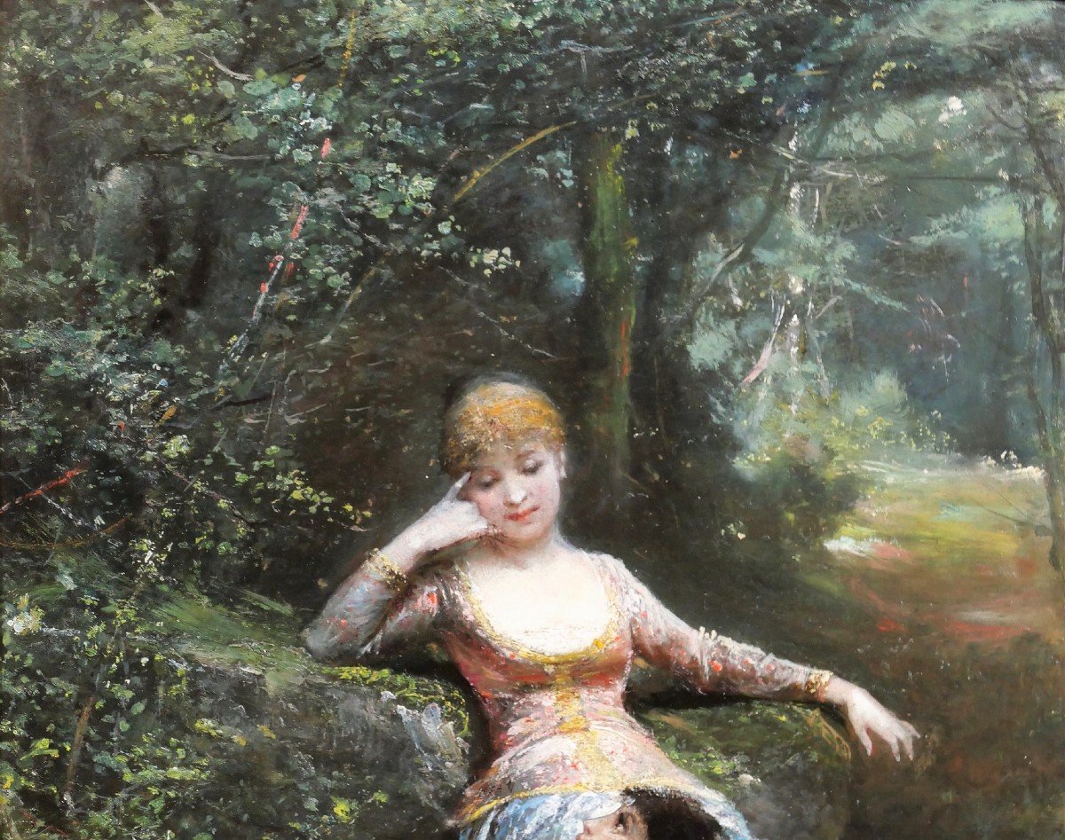 Pierre  Marie BEYLE (1838-1902), att. à,  Scène galante en forêt, tableau, vers 1870-photo-3