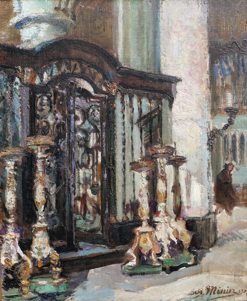 Suzanne MINIER (1884-1955) Intérieur d'église, tableau, 1933