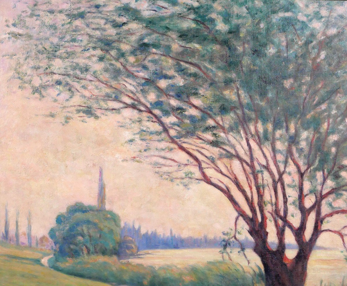 Jean LUBET 19-20e Paysage à l'arbre, grand tableau, 1908-photo-2