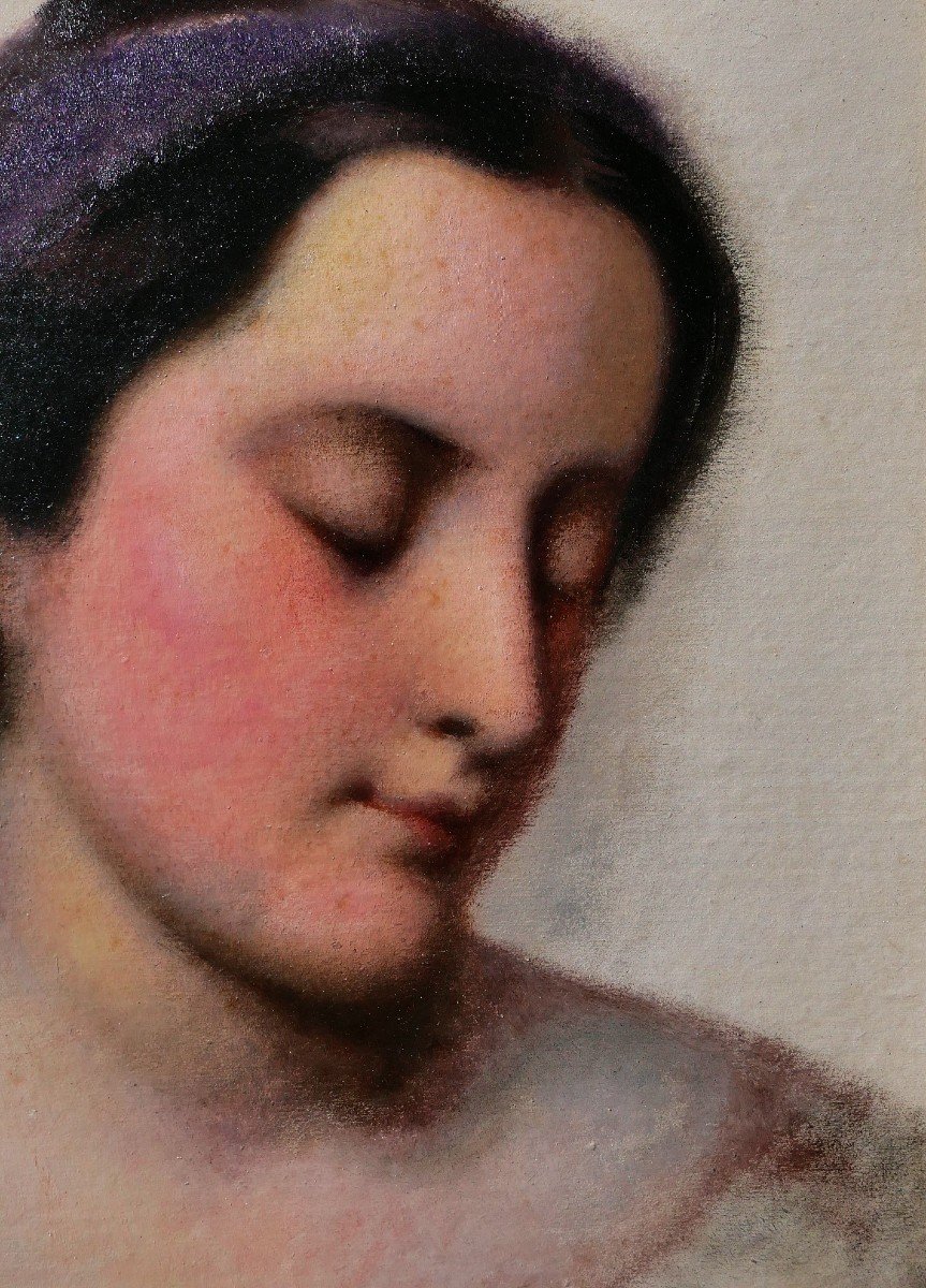 French School Circa 1850, Portrait Of A Woman With A Purple Ribbon, Painting-photo-4