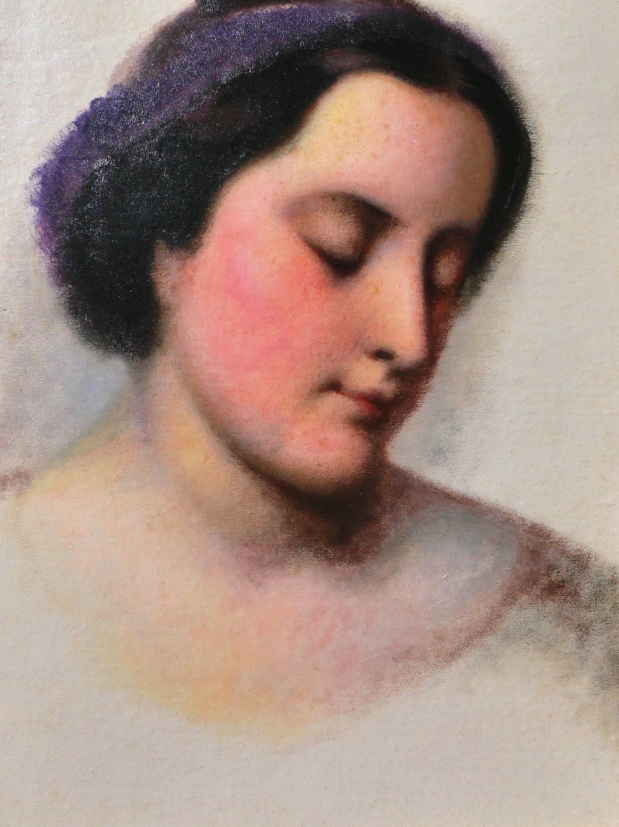 French School Circa 1850, Portrait Of A Woman With A Purple Ribbon, Painting