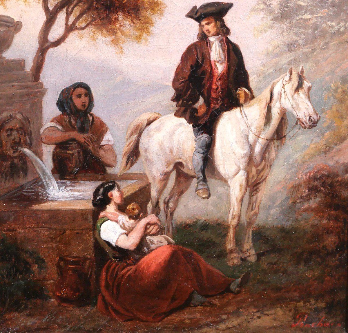 Clément PRUCHE 1811-1890 Paysage au cavalier et aux deux femmes à la fontaine, tableau-photo-4