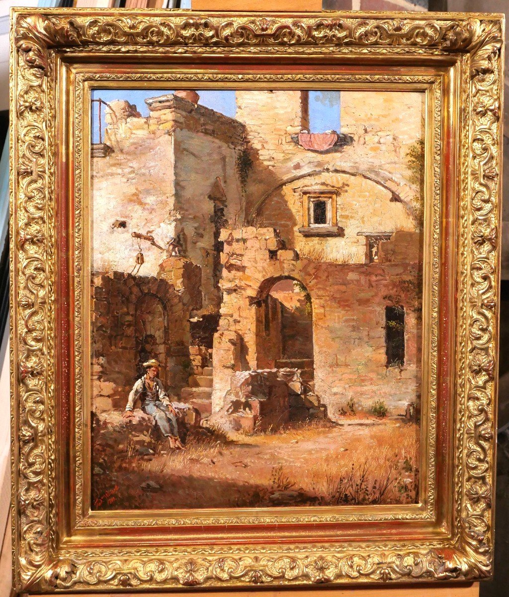 Federico WENZEL, Italie, jeune homme dans les ruines, tableau, 1863-photo-2