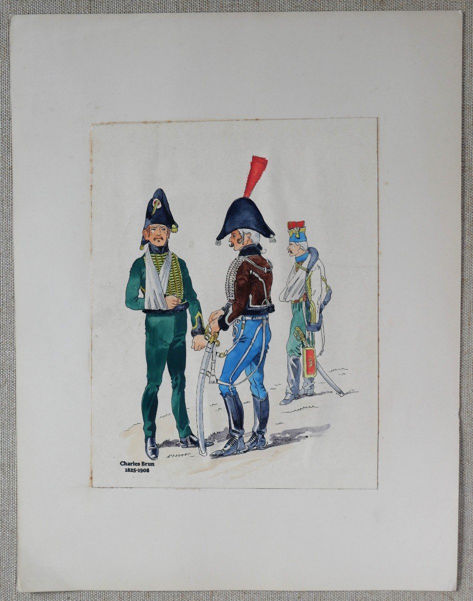 Charles Brun 1825-1908 Three Soldiers In Uniform, Drawing, Napoleon, Empire-photo-2