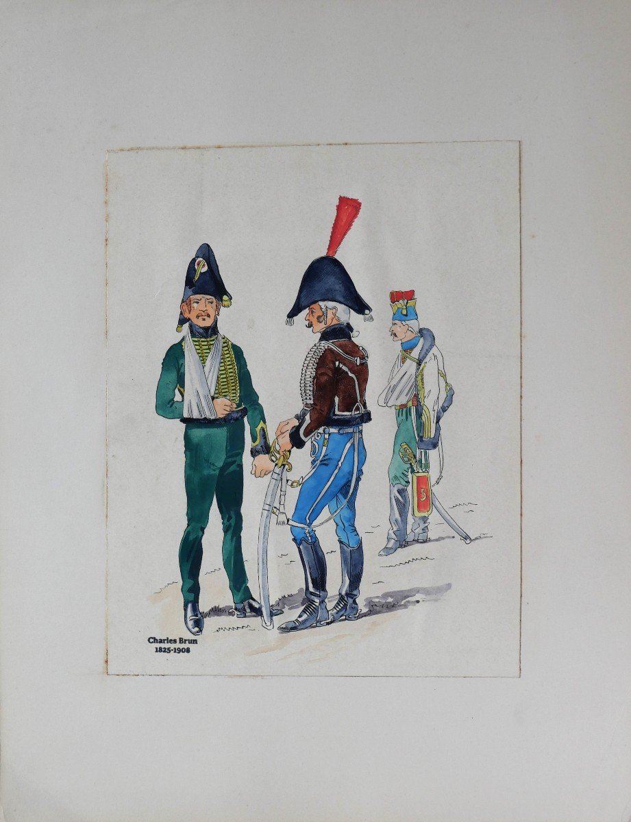 Charles Brun 1825-1908 Three Soldiers In Uniform, Drawing, Napoleon, Empire-photo-3