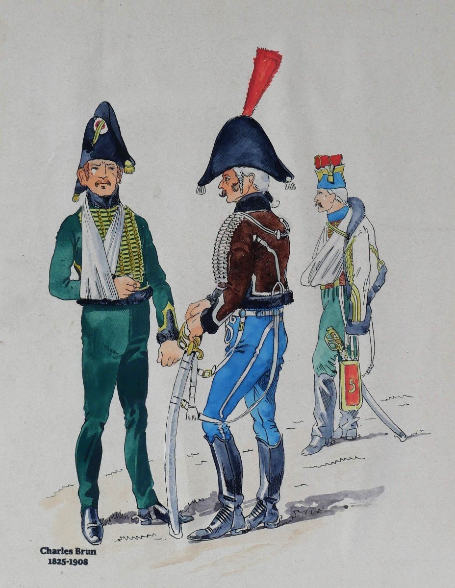 Charles BRUN 1825-1908 trois soldats en uniforme, dessin, Napoléon, Empire