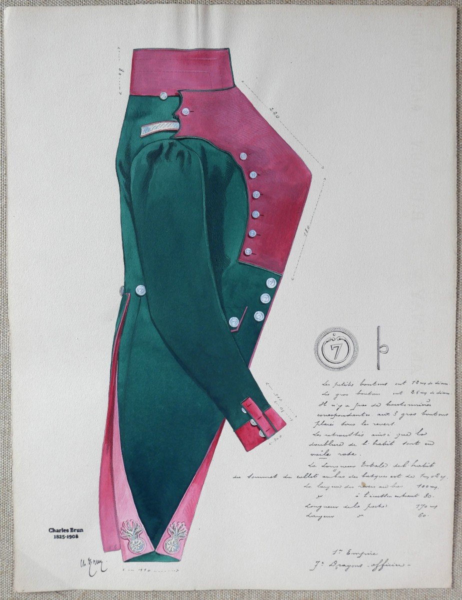 Charles Brun 1825-1908 Officer's Uniform Of The 7th Dragoons, Drawing, Napoleon, Empire-photo-2