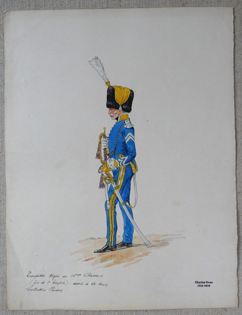 Charles BRUN 1825-1908 Uniforme de trompette Major du 15e Chasseurs, dessin, Napoléon, Empire-photo-2