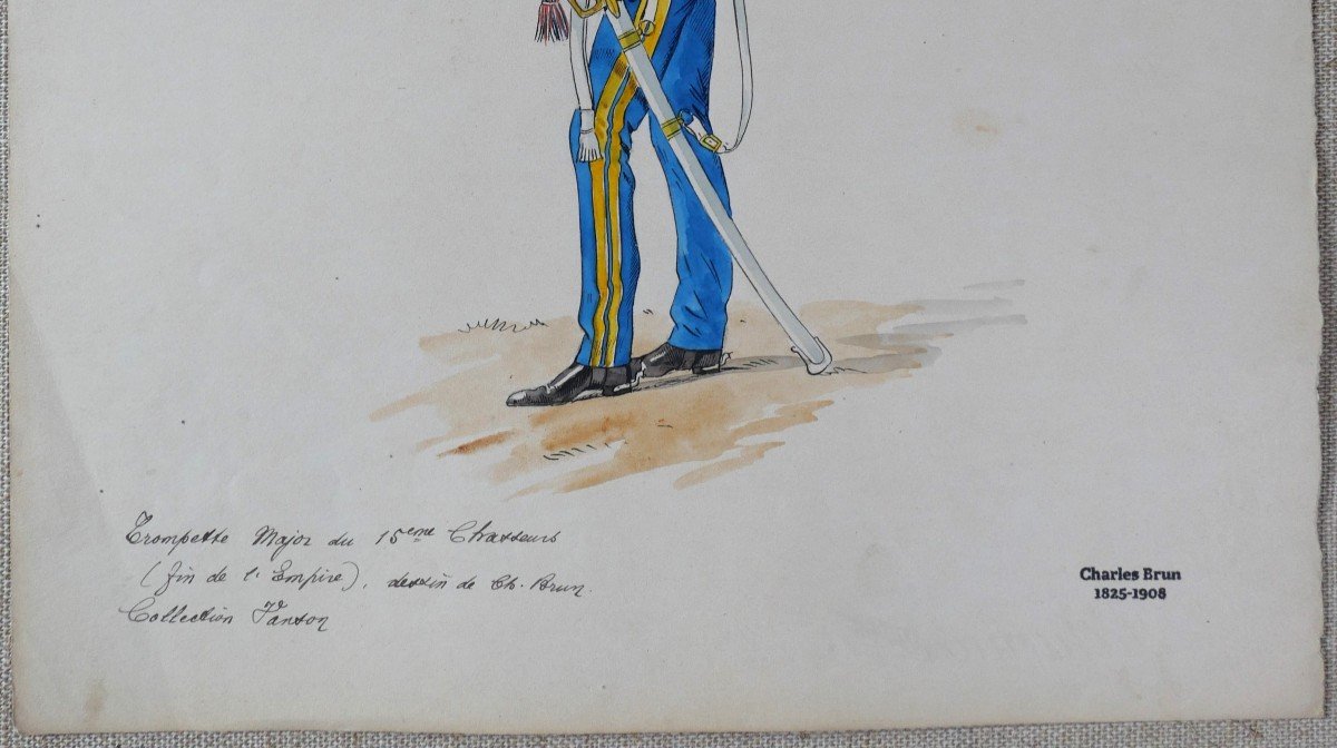 Charles BRUN 1825-1908 Uniforme de trompette Major du 15e Chasseurs, dessin, Napoléon, Empire-photo-4