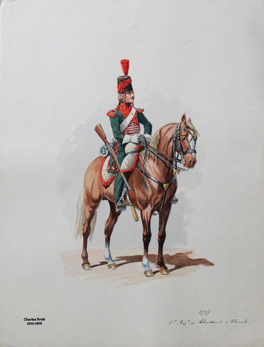 Charles Brun 1825-1908 Portrait Of A Hunter On Horseback 1797, Drawing, Napoleon, Empire-photo-3