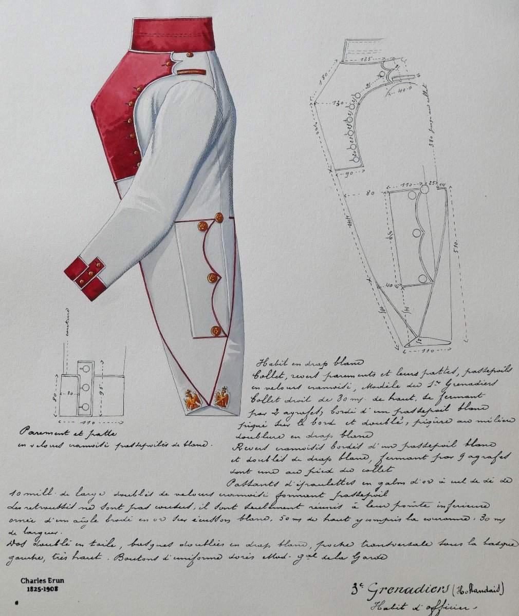 Charles BRUN 1825-1908 Uniforme d'officier de Grenadiers hollandais, dessin, Napoléon, Empire