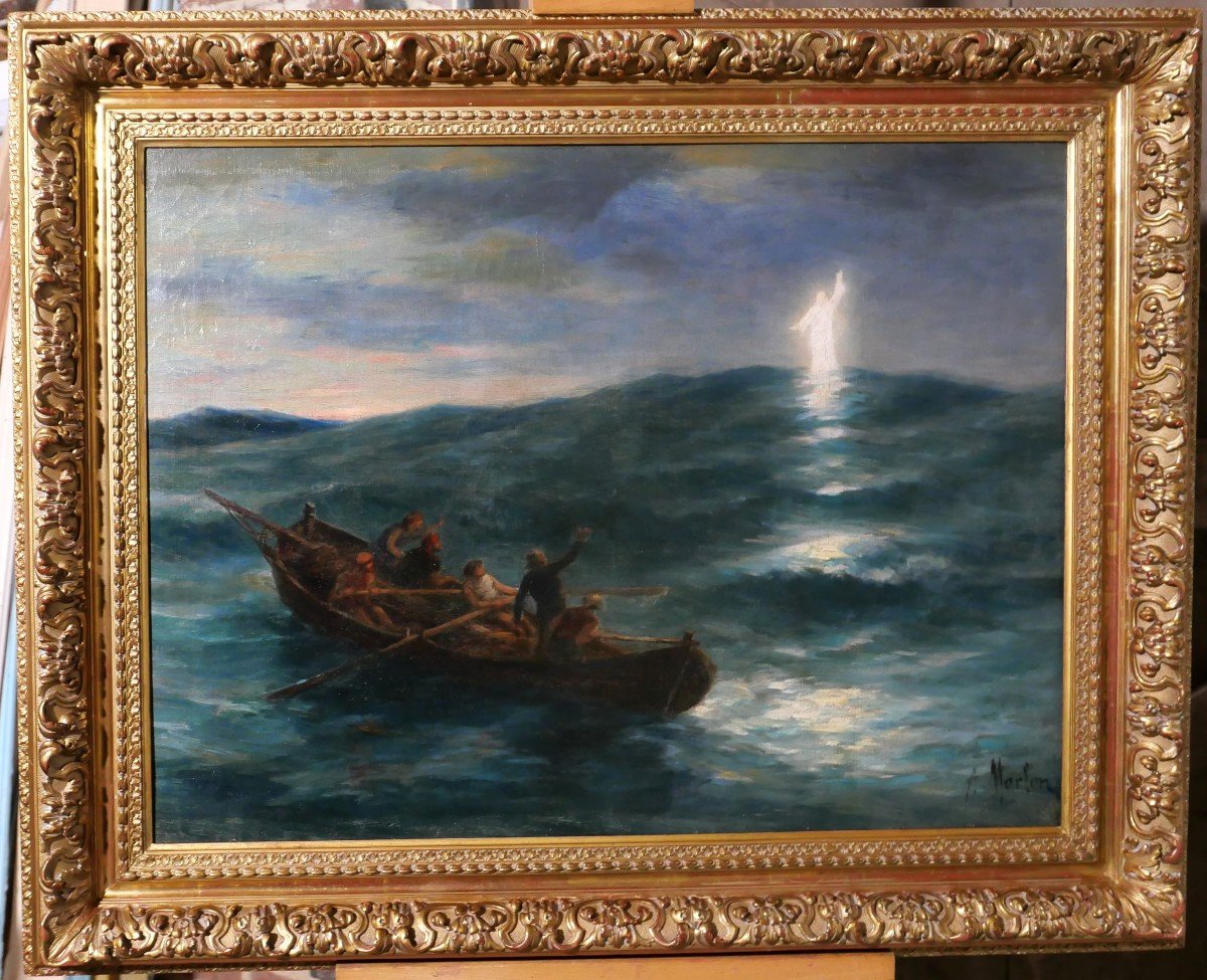 Antoine Morlon 1834-1913 Christ Savior, Painting, Salon, 1887, Boat, Sea, Religion-photo-2