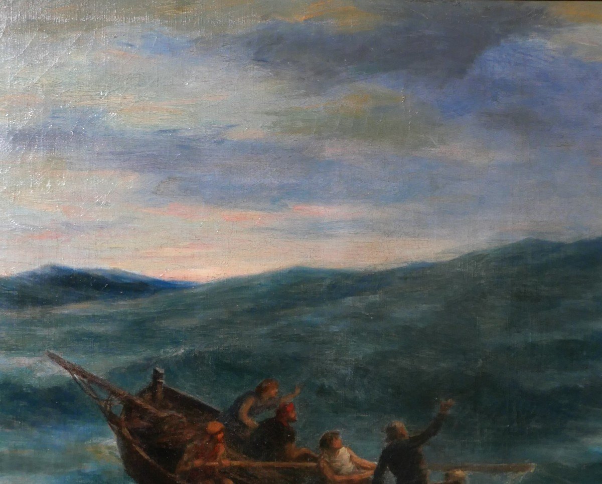 Antoine Morlon 1834-1913 Christ Savior, Painting, Salon, 1887, Boat, Sea, Religion-photo-1