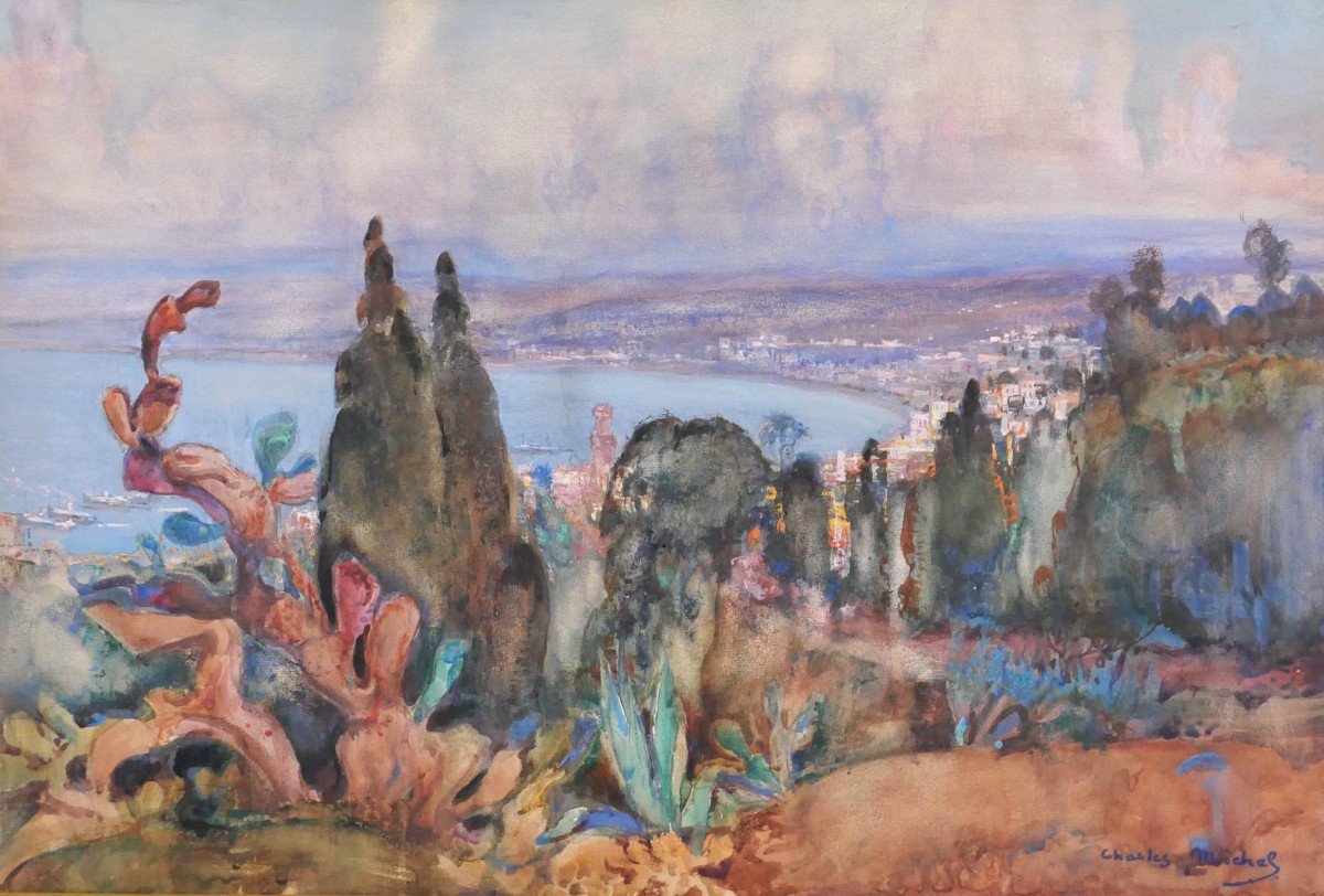 Charles Michel 1874-1967 Algeria, The Bay Of Algiers, Large Drawing, Circa 1930