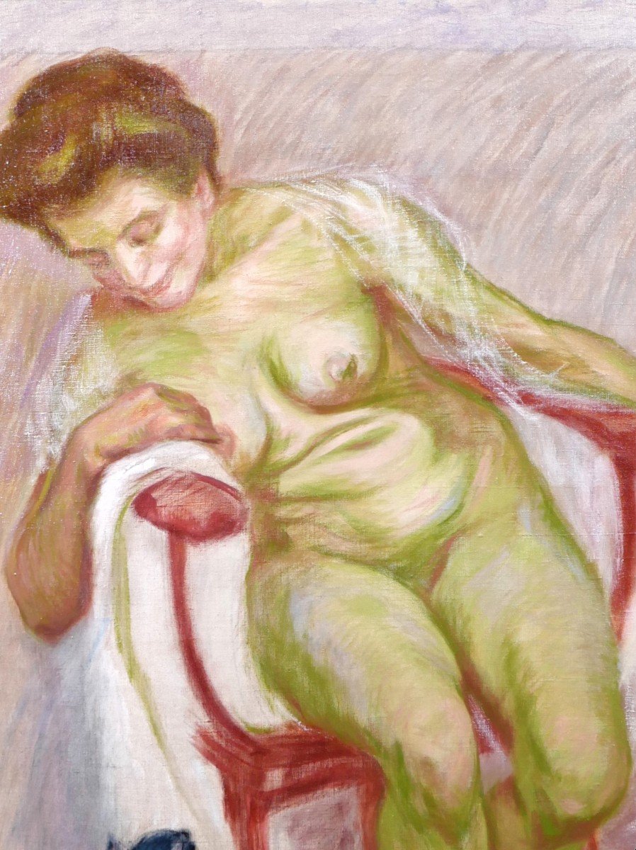 Raphaël-Léon Leguilloux 1871-1938 Femme nue et son chat, tableau, vers 1910-photo-1