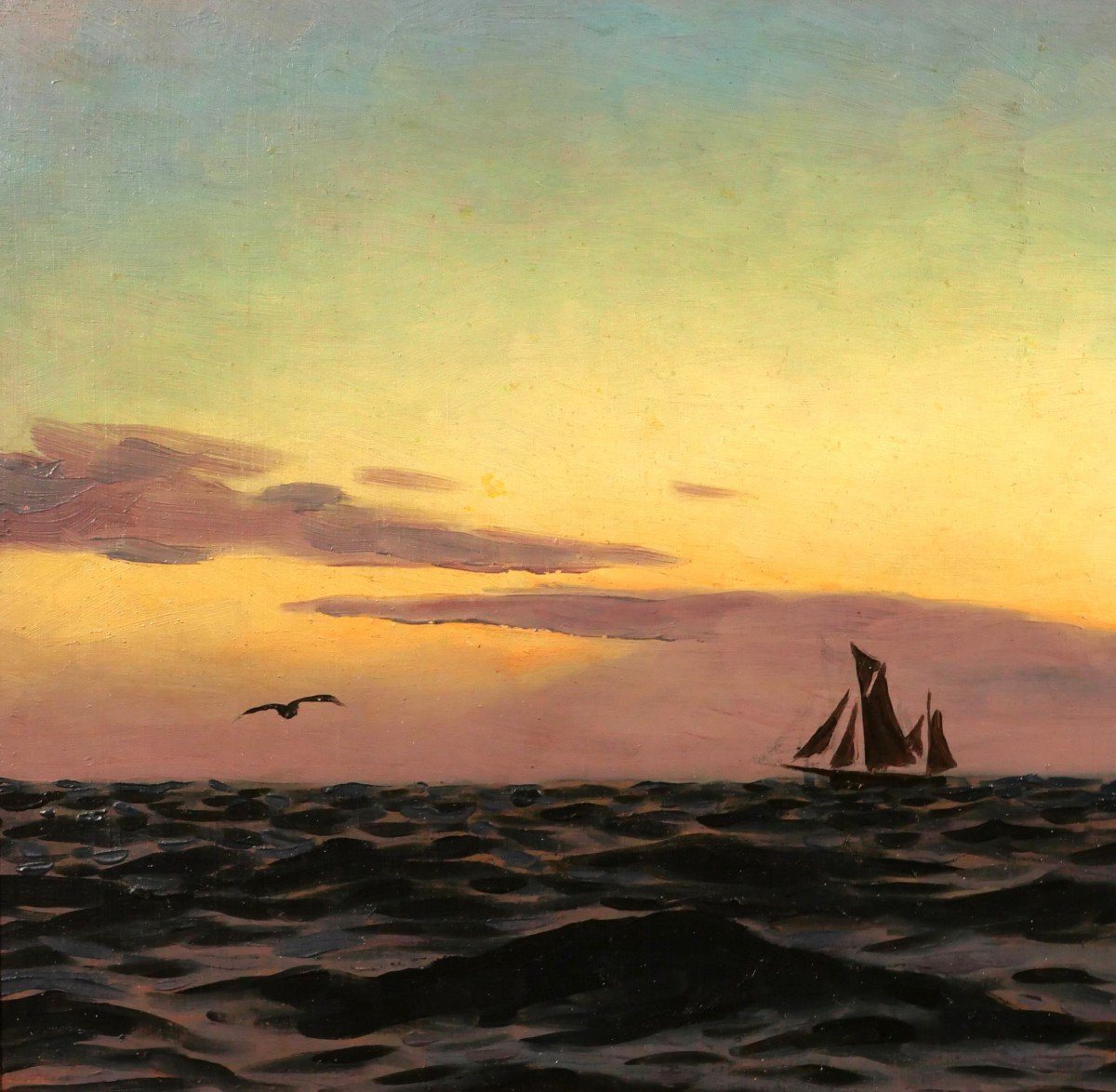 Alexandre BRUN 1853-1941 Paysage de mer, soleil couchant, tableau, vers 1900-photo-3