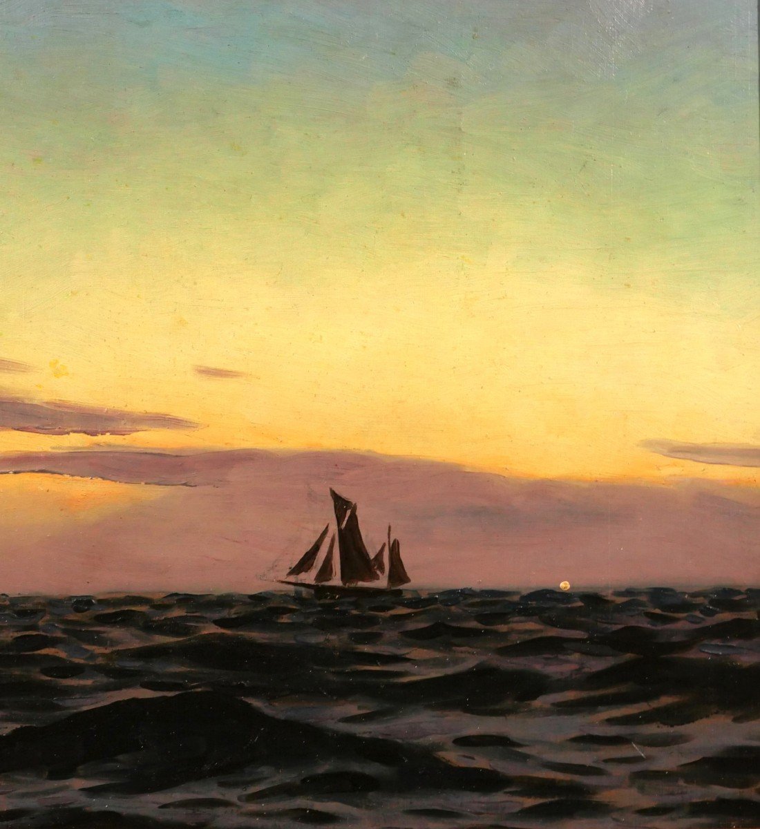 Alexandre BRUN 1853-1941 Paysage de mer, soleil couchant, tableau, vers 1900-photo-4