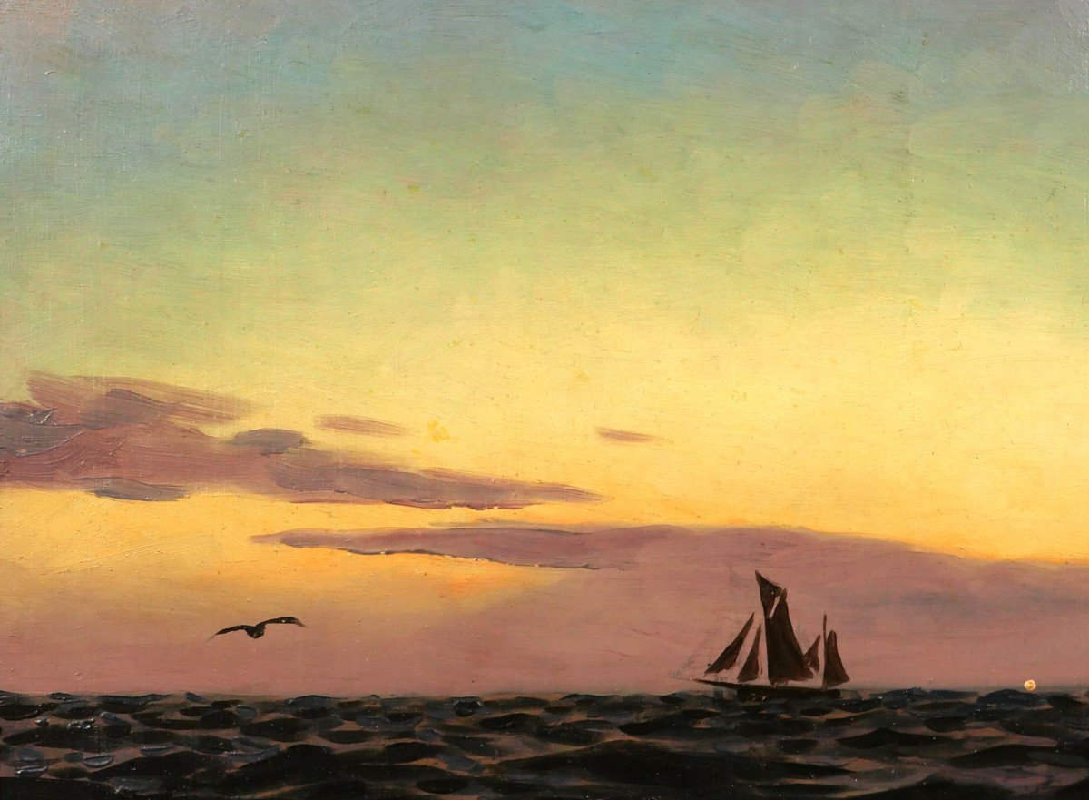 Alexandre BRUN 1853-1941 Paysage de mer, soleil couchant, tableau, vers 1900-photo-1