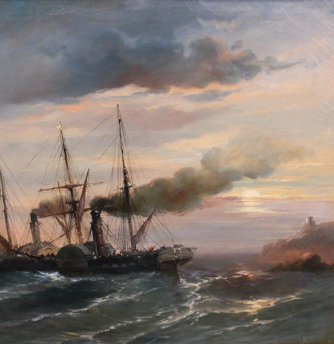 Alfred Godchaux 1839-1907 English Boats At Sunset, Painting, Circa 1860-70-photo-4