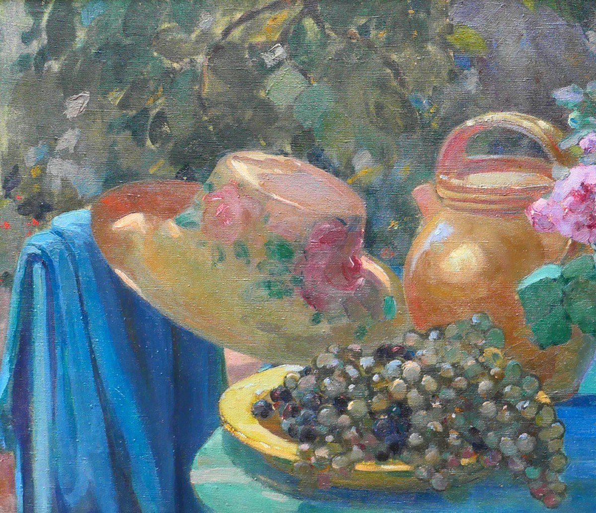 Louise ALIX 1888-1980 Nature morte au jardin : fleurs, raisins et chapeau, tableau, 1920-30-photo-1