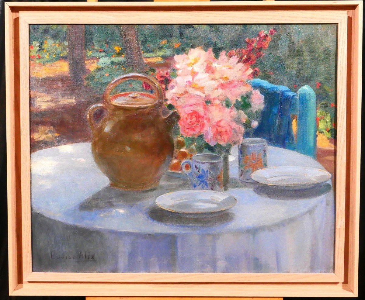 Louise ALIX 1888-1980 La table au jardin, fleurs à l'heure du thé, tableau, Salon 1928-photo-2