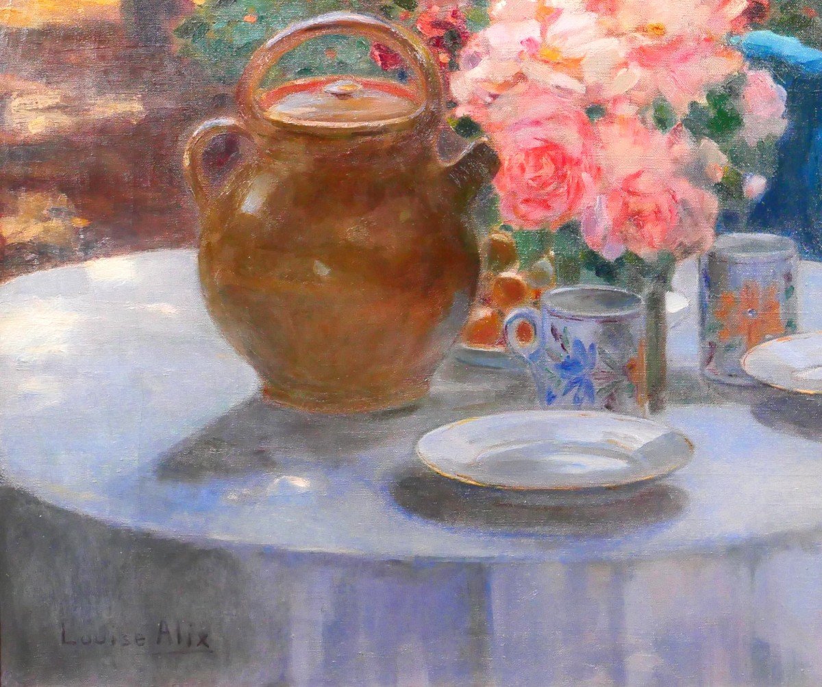 Louise ALIX 1888-1980 La table au jardin, fleurs à l'heure du thé, tableau, Salon 1928-photo-4