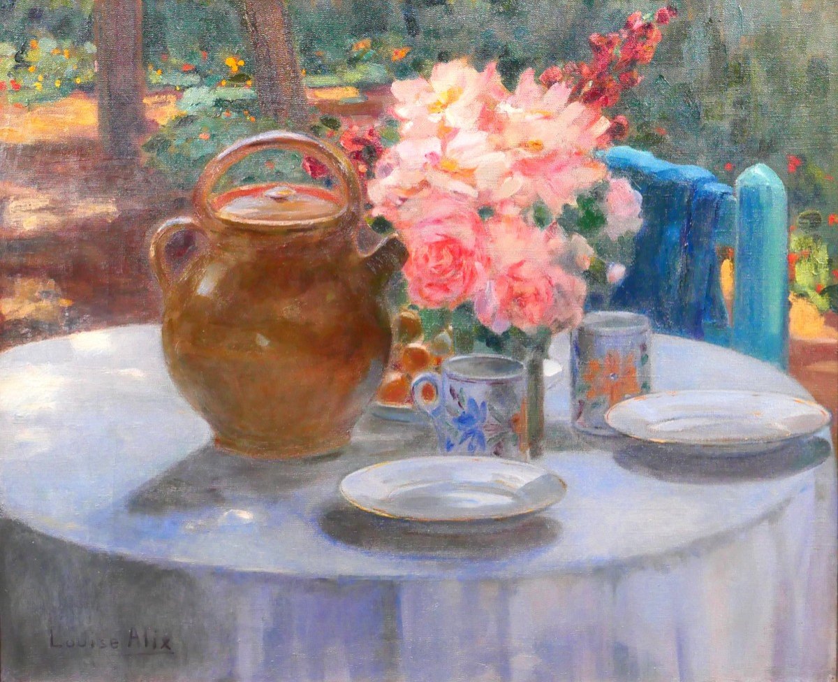 Louise ALIX 1888-1980 La table au jardin, fleurs à l'heure du thé, tableau, Salon 1928