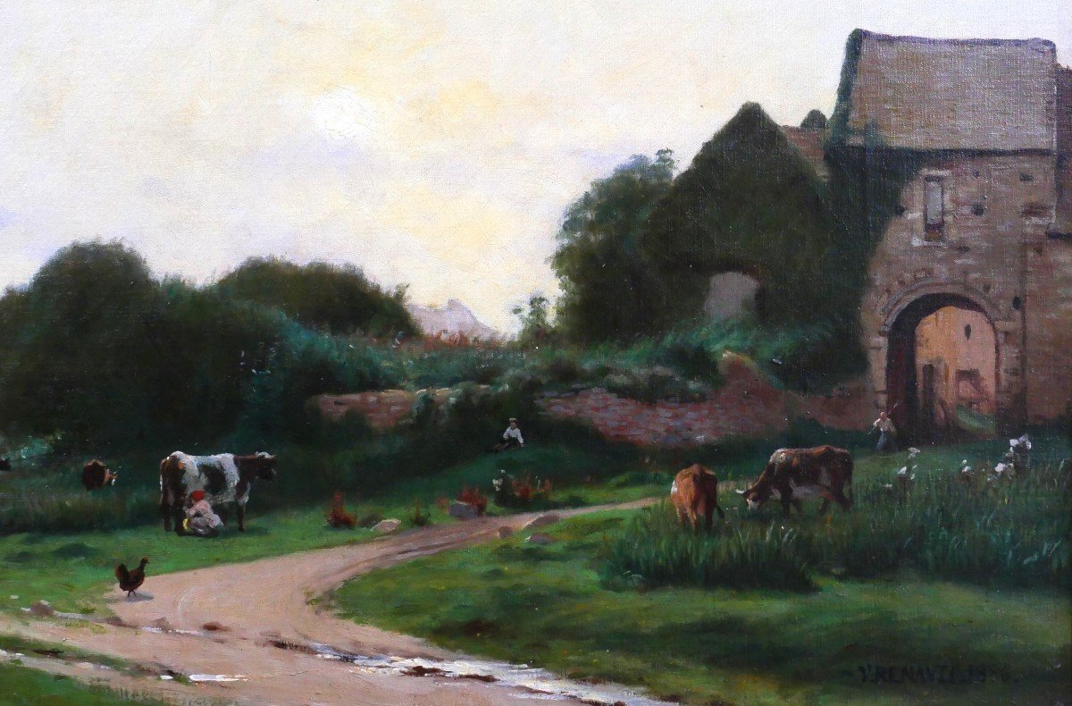 Victor Jacques RENAULT DES GRAVIERS 1816-1904 Crépuscule sur la ferme, paysage, tableau, 1886-photo-3