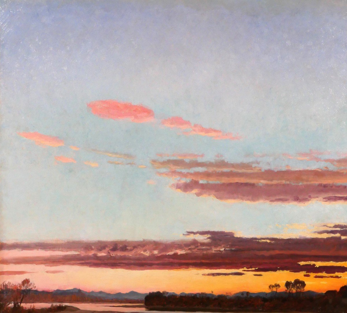 Paul Saïn 1853-1908 Sunset On The Rhône Near Avignon, Large Painting, Circa 1885-90, Salon-photo-1