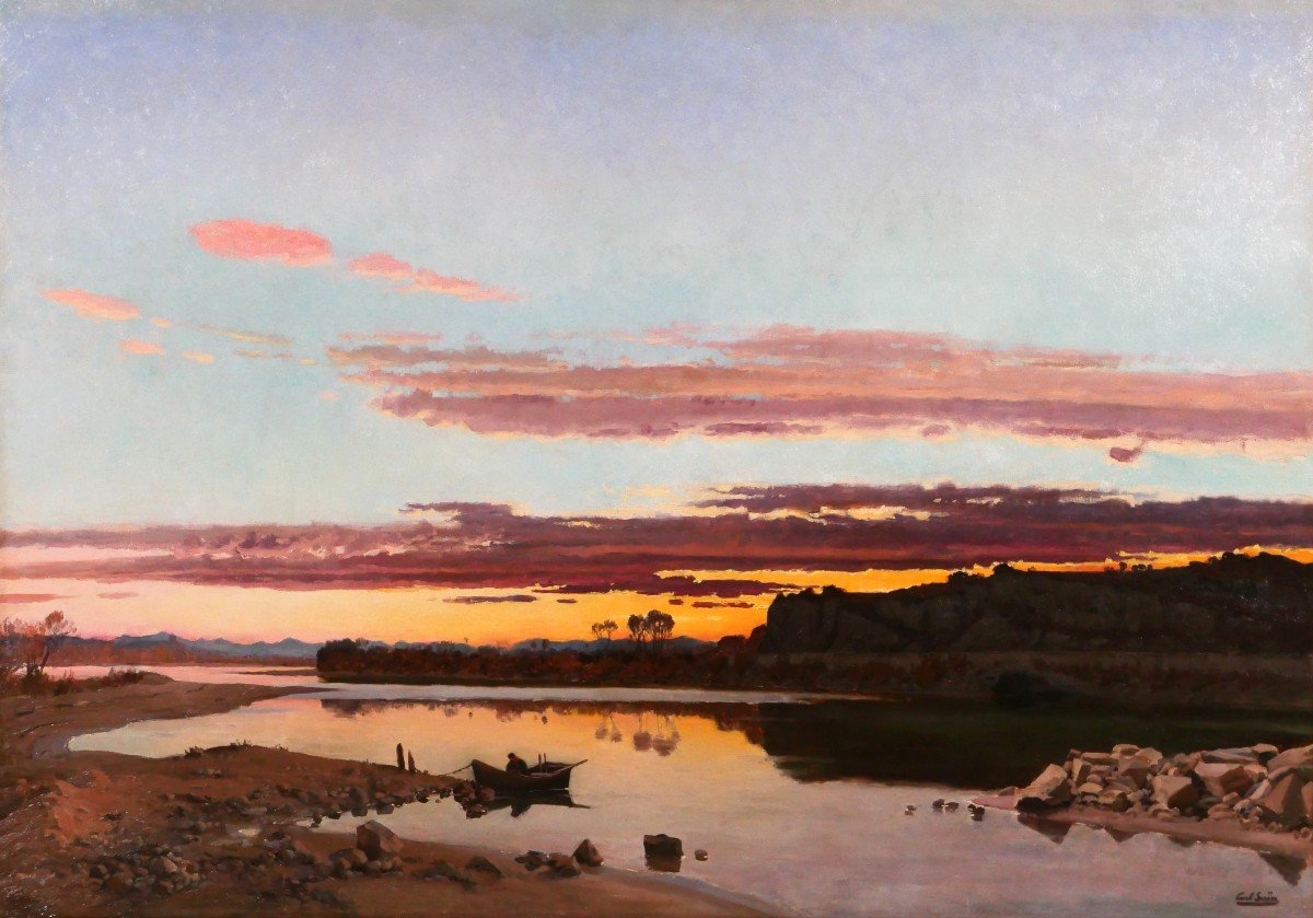 Paul Saïn 1853-1908 Sunset On The Rhône Near Avignon, Large Painting, Circa 1885-90, Salon