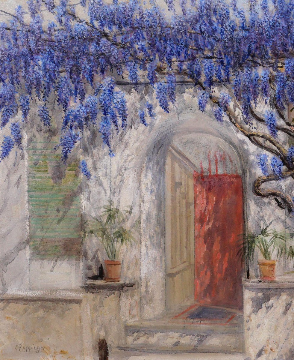 Ernst Theodor Zuppinger 1875-1948 Wisteria In Front Of The House, Flowers, Painting, Circa 1910-20-photo-3