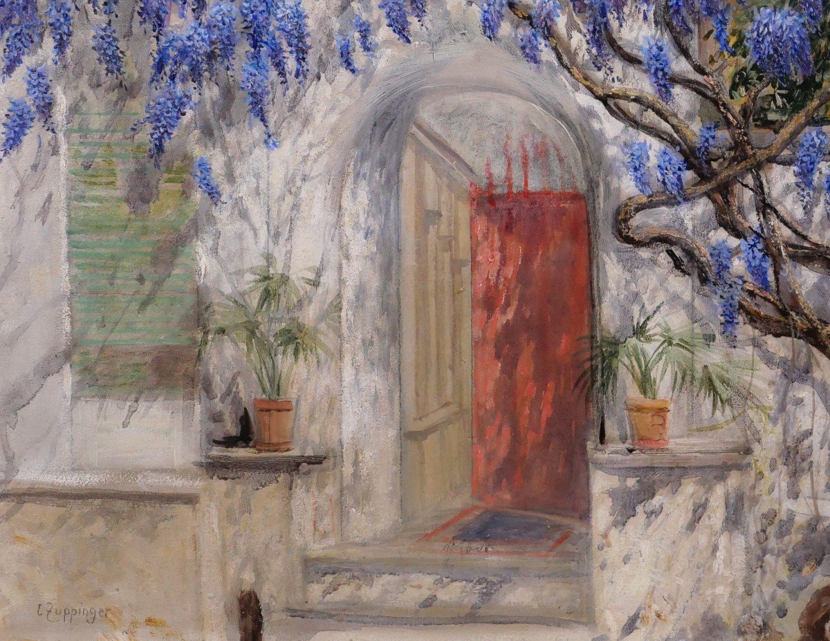 Ernst Theodor Zuppinger 1875-1948 Wisteria In Front Of The House, Flowers, Painting, Circa 1910-20-photo-4