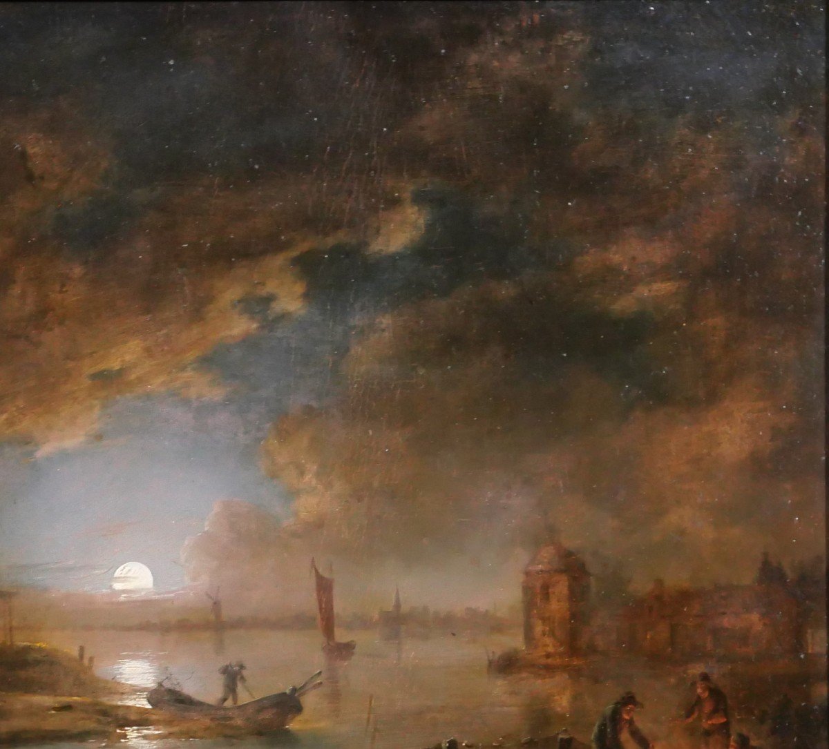 Aert Van Der Neer (attr. To) 1604-1677 Night Landscape, Painting, Circa 1650-photo-2