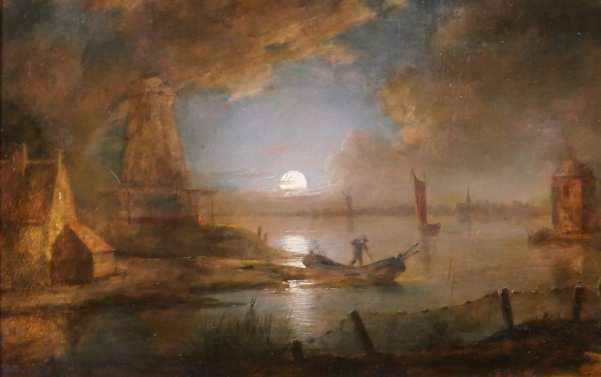 Aert Van Der Neer (attr. To) 1604-1677 Night Landscape, Painting, Circa 1650-photo-4