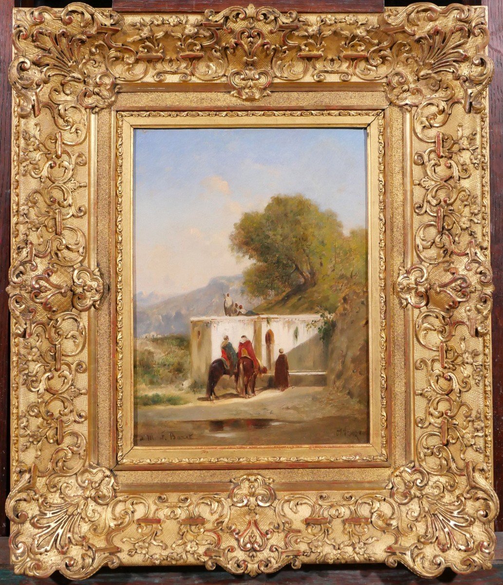 Honoré BOZE 1830-1909 Orientalisme, paysage aux cavaliers à l'oasis, tableau, vers 1860-65-photo-2
