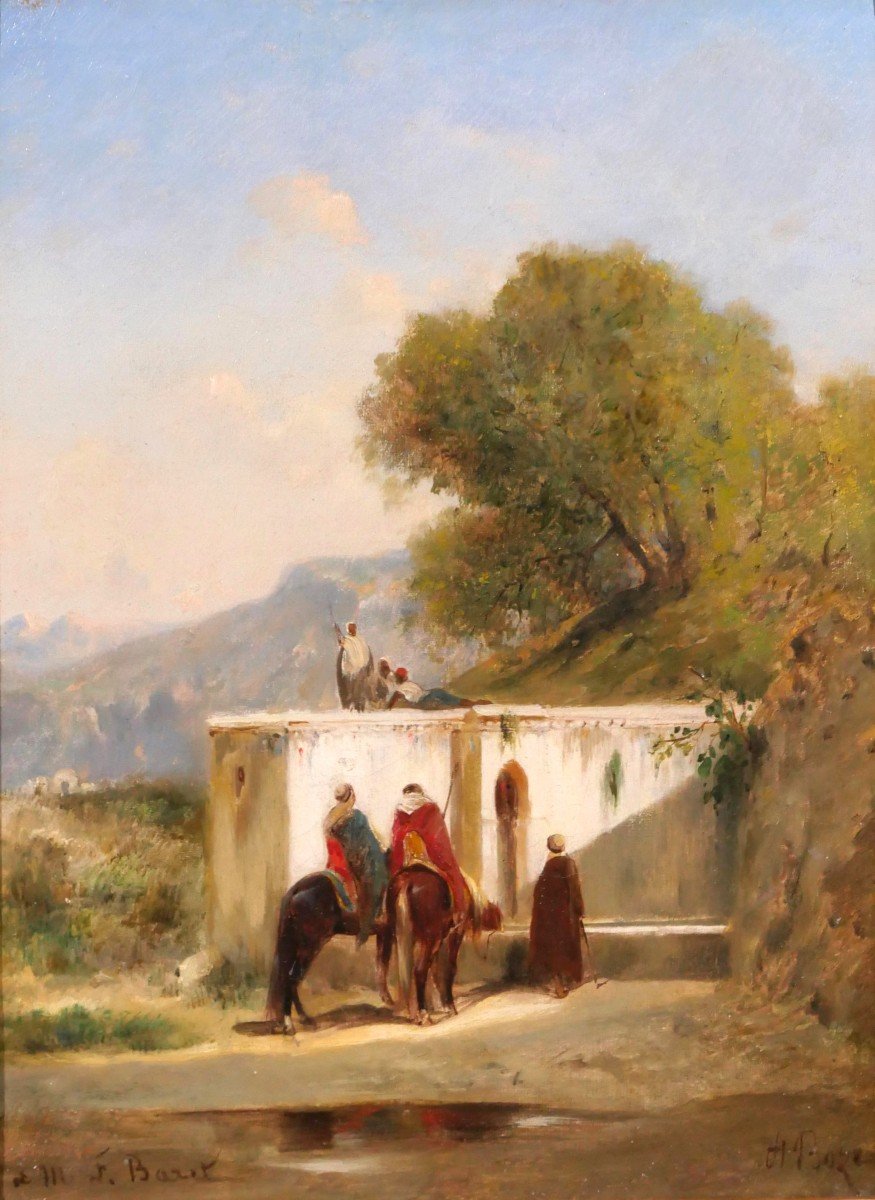 Honoré Boze 1830-1909 Orientalism, Landscape With Riders At The Oasis, Painting, Circa 1860-65
